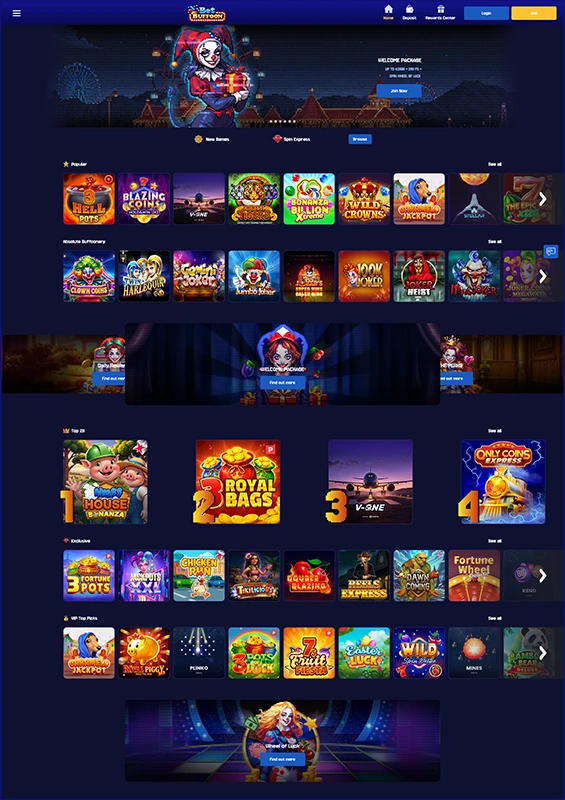 Compact overview of Bet Buffoon Casino sections